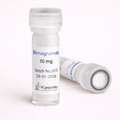 Bimagrumab 10 mg vials with white lyophilized powder, one vial standing upright and one lying on its side. The label displays Batch No.003 and date 29-01-2026, with clear plastic screw caps, RCpeptides logo, and a clean neutral background.