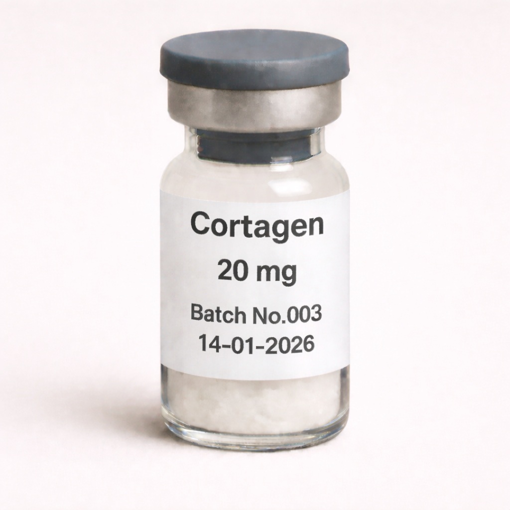 Cortagen 20 mg peptide vial with white lyophilized powder, labeled Batch No.003, dated 14-01-2026, pharmaceutical glass vial with rubber stopper and metal seal.