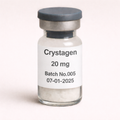 Crystagen 20 mg peptide vial with white lyophilized powder, labeled Batch No.005, dated 07-01-2025, pharmaceutical glass vial with rubber stopper and metal seal.