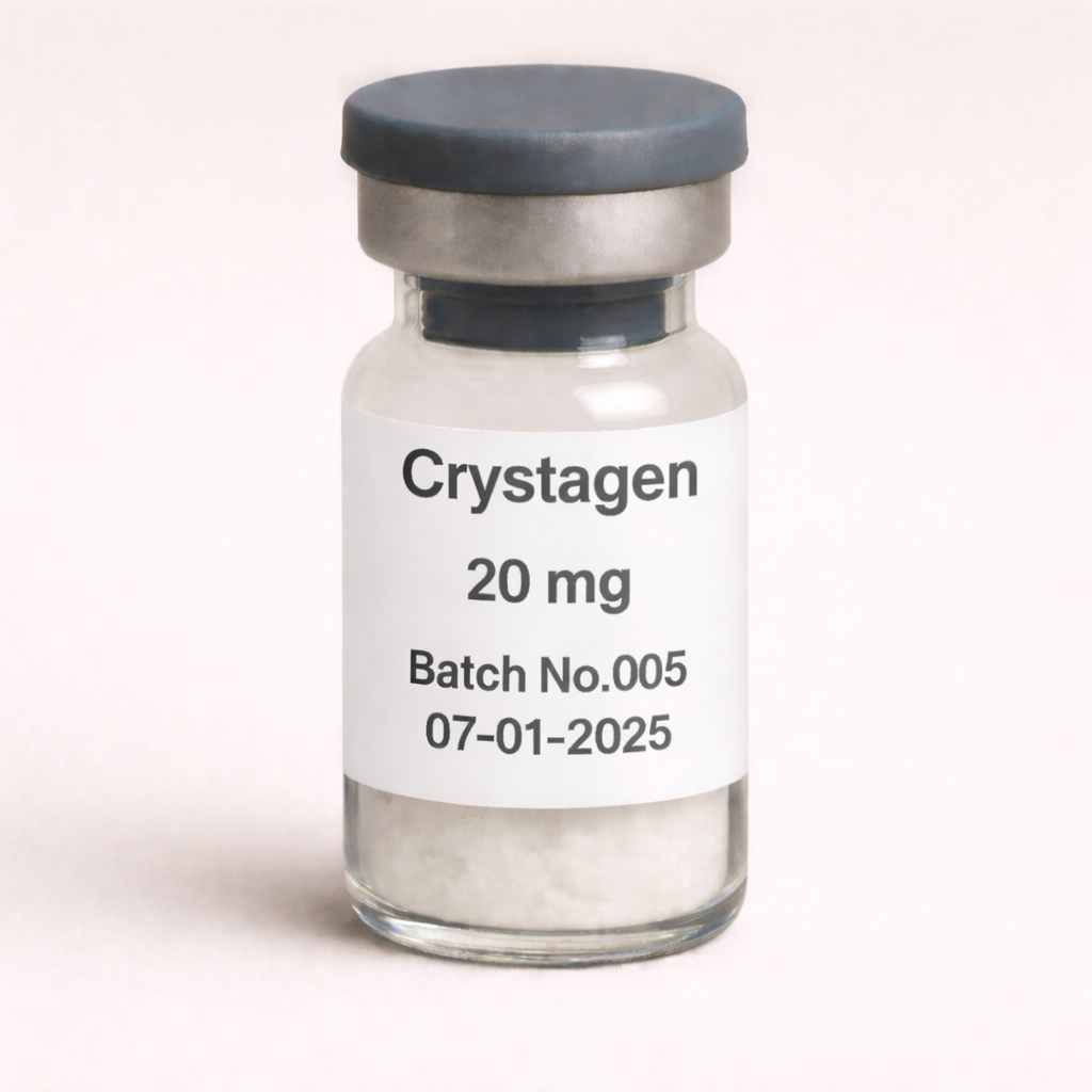 Crystagen 20 mg peptide vial with white lyophilized powder, labeled Batch No.005, dated 07-01-2025, pharmaceutical glass vial with rubber stopper and metal seal.