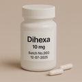 White plastic pill bottle labeled "Dihexa, 10 mg, Batch No.003, 12-07-2025" on a beige background, with two white capsules lying beside it.