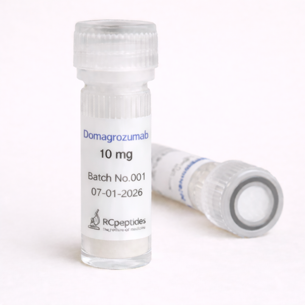 Domagrozumab 10 mg peptide vials containing white lyophilized powder, one vial standing upright and one lying on its side. The label shows Batch No.001 and date 07-01-2026, with clear plastic screw caps, RCpeptides logo, and a clean neutral background
