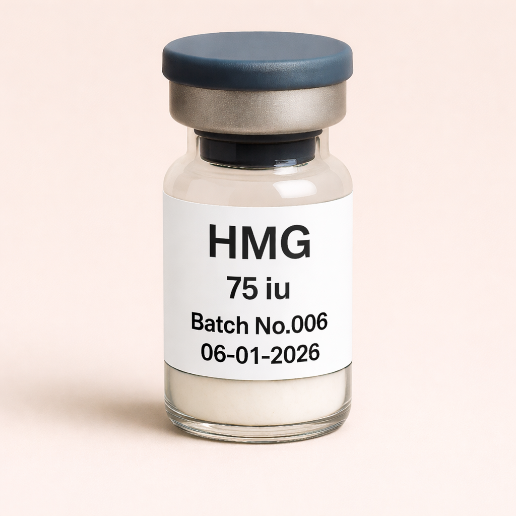 HMG 75 iu peptide vial with white lyophilized powder, labeled Batch No.006, dated 06-01-2026, pharmaceutical glass vial with rubber stopper and metal seal.