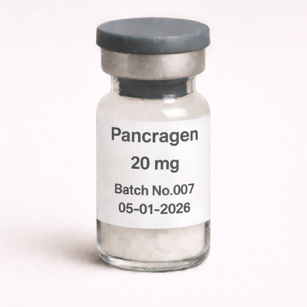 Pancragen 20 mg peptide vial with white lyophilized powder, labeled Batch No.007, dated 05-01-2026, pharmaceutical glass vial with rubber stopper and metal seal.