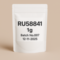 High-resolution product photo of a white, stand-up resealable pouch labeled 'RU58841 1g, Batch No.007, 12-11-2025', designed for ecommerce and scientific supplement packaging