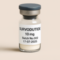 a clear glass vial containing off-white powder, labeled ‘SURVODUTIDE 10 mg – Batch No.002 – 17-07-2025,’ sealed with a gray rubber stopper and matte cap, set against a neutral beige background