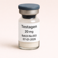 Testagen 20 mg peptide vial with white lyophilized powder, labeled Batch No.003, dated 07-01-2026, pharmaceutical glass vial with rubber stopper and metal seal.