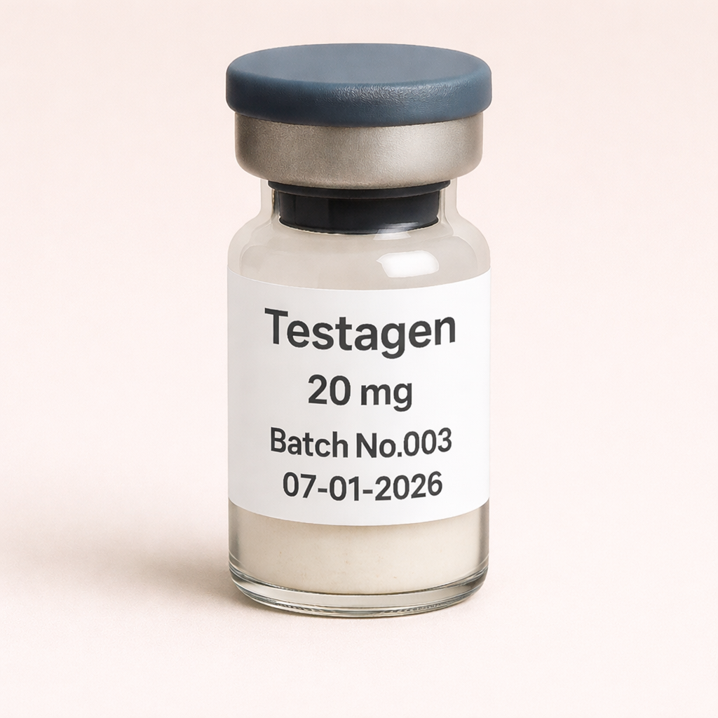 Testagen 20 mg peptide vial with white lyophilized powder, labeled Batch No.003, dated 07-01-2026, pharmaceutical glass vial with rubber stopper and metal seal.