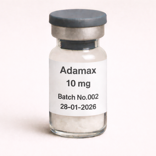 Adamax 10 mg peptide vial with white lyophilized powder, labeled Batch No.002, dated 28-01-2026, pharmaceutical glass vial with rubber stopper and metal seal.