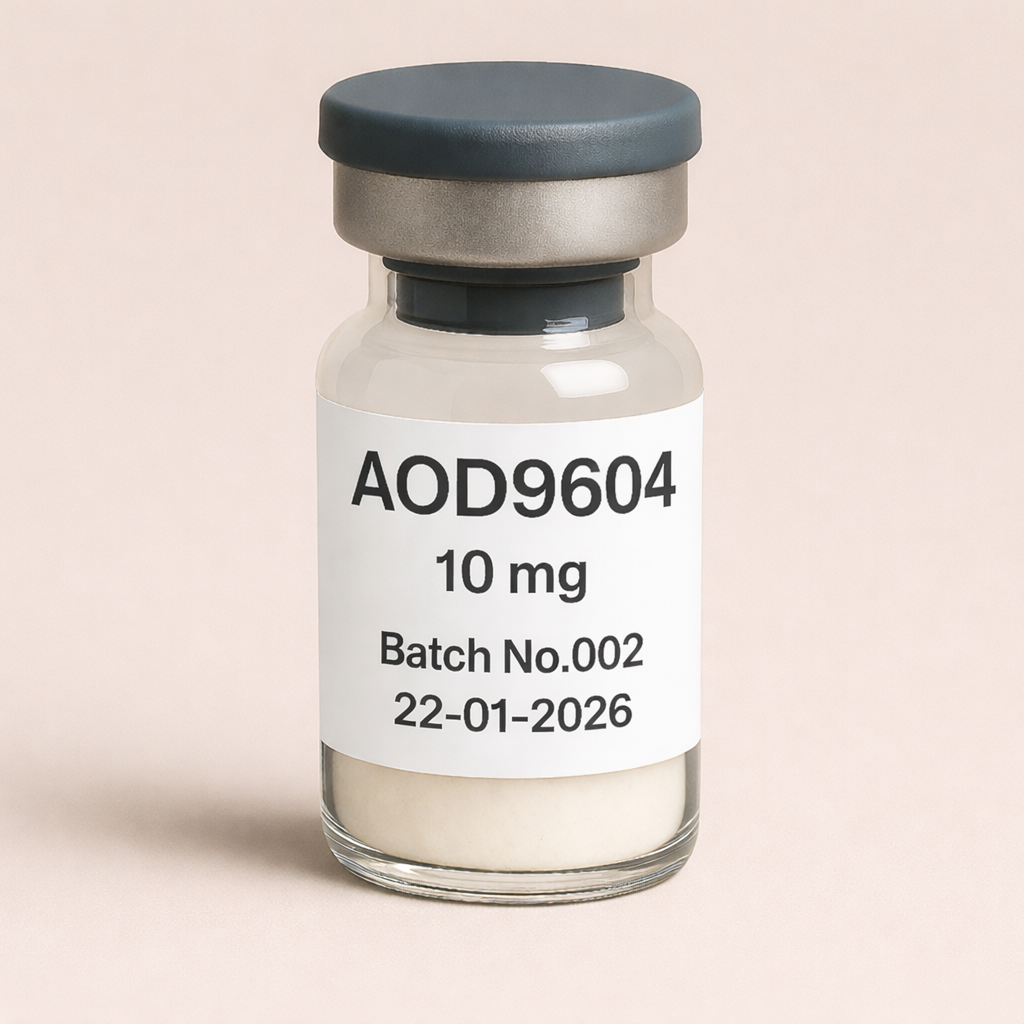 AOD9604 10 mg peptide vial with white lyophilized powder, labeled Batch No.002, dated 22-01-2026, pharmaceutical glass vial with rubber stopper and metal seal.