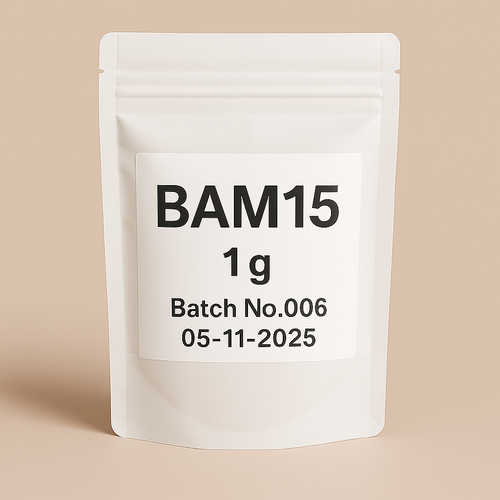 resealable stand-up pouch labeled "BAM15 1g, Batch No.006, 05-11-2025", positioned against a neutral beige background. The minimalist packaging design emphasizes clarity and professionalism, ideal for product listings on supplement or research chemical ecommerce platforms