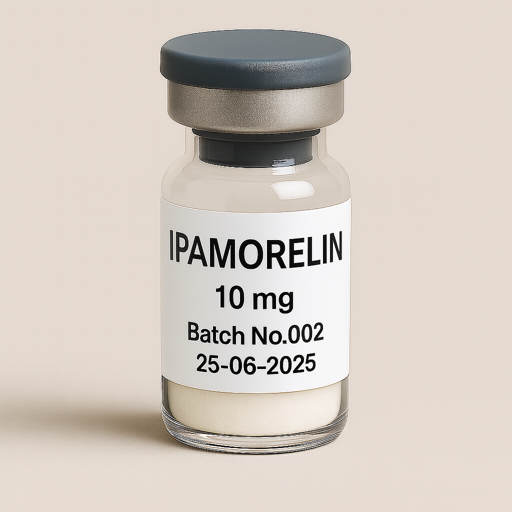  a clear glass vial containing off-white powder, labeled ‘IPAMORELIN 10 mg – Batch No.002 – 25-06-2025,’ sealed with a gray rubber stopper and matte cap, set against a soft beige background