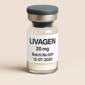 A small, transparent glass vial with a gray cap labeled 'Livagen 20 mg, Batch No.001, 12-07-2025', containing an off-white powder, photographed on a neutral background.