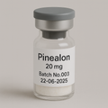 Glass vial labeled 'Pinealon 20 mg, Batch No.003, 22-06-2025' containing a white lyophilized powder, sealed with a gray rubber stopper and matte silver cap, photographed against a neutral beige background