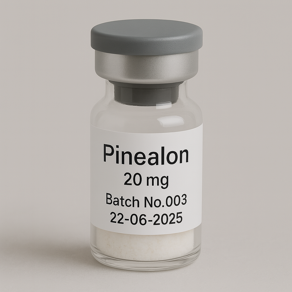 Glass vial labeled 'Pinealon 20 mg, Batch No.003, 22-06-2025' containing a white lyophilized powder, sealed with a gray rubber stopper and matte silver cap, photographed against a neutral beige background